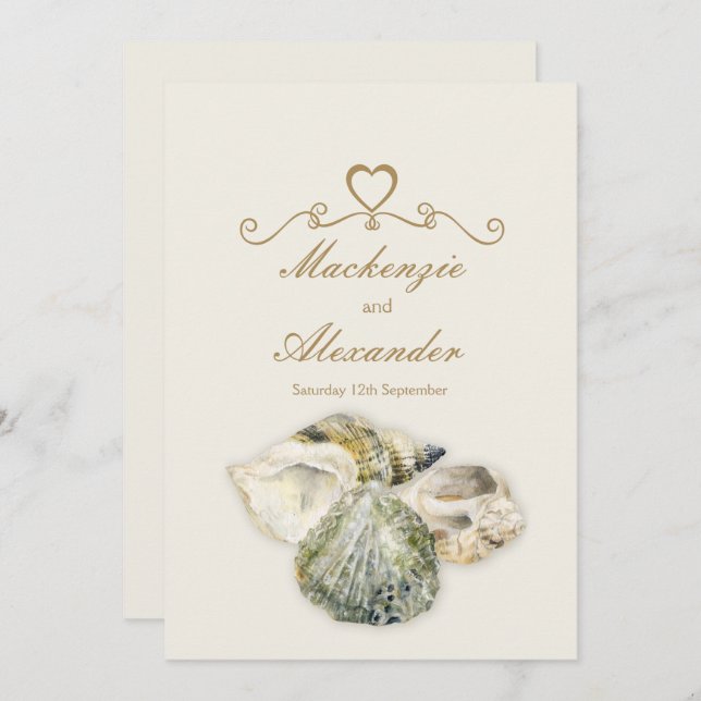 Sea shells art beach wedding invitations (Front/Back)