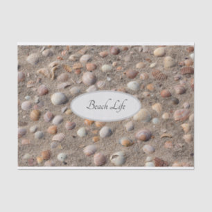 Sea shells at the summer beach photo with text tissue paper