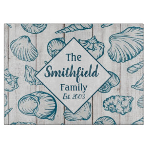 Sea Shells Beach House Nautical Family Name Wood Cutting Board