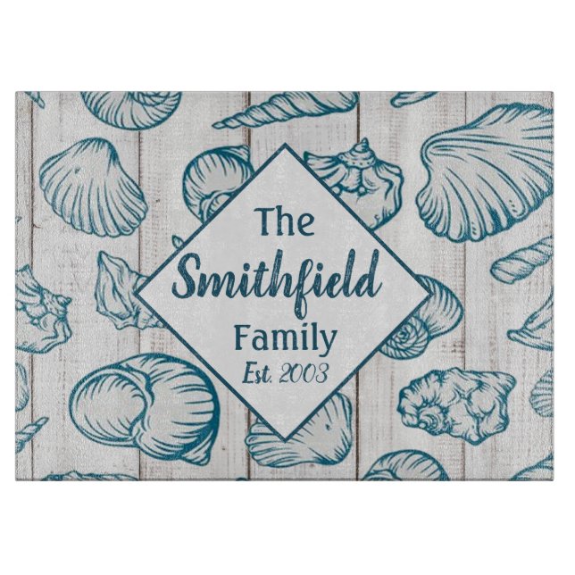 Sea Shells Beach House Nautical Family Name Wood Cutting Board (Front)