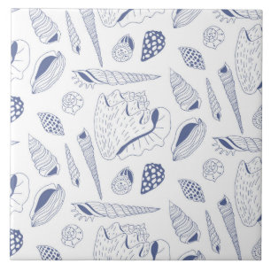 Sea shells drawing in blue and white ceramic tile