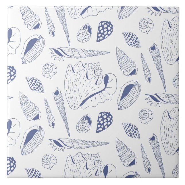 Sea shells drawing in blue and white ceramic tile (Front)