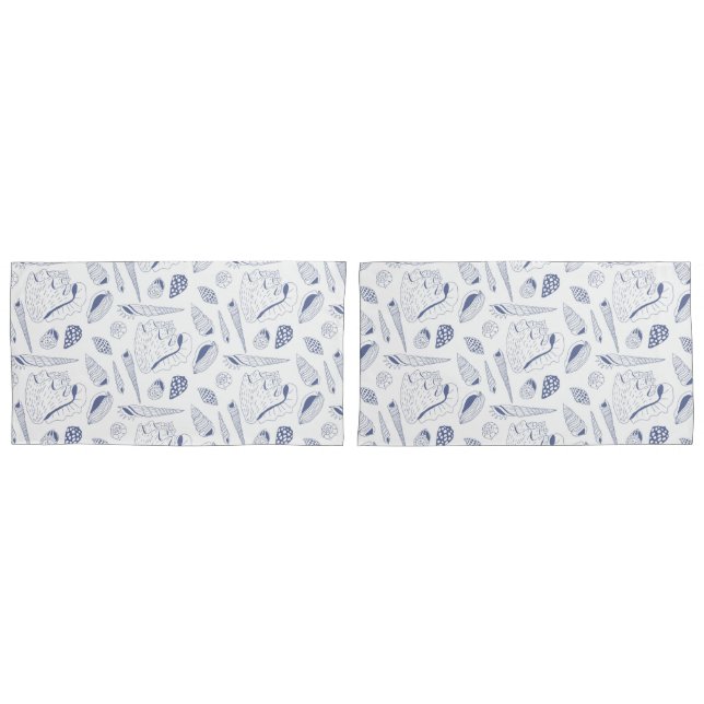 Sea shells drawing in blue and white pillowcase (Front-Set)