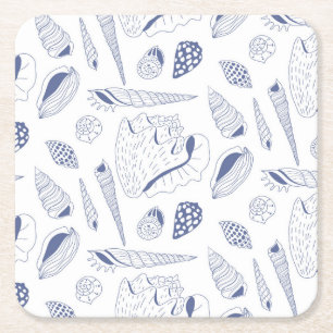 Sea shells drawing in blue and white square paper coaster