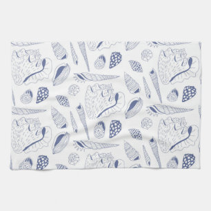 Sea shells drawing in blue and white tea towel