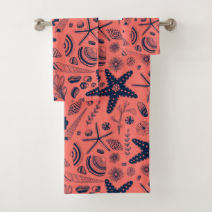 Sea shells living coral background bath towel set
