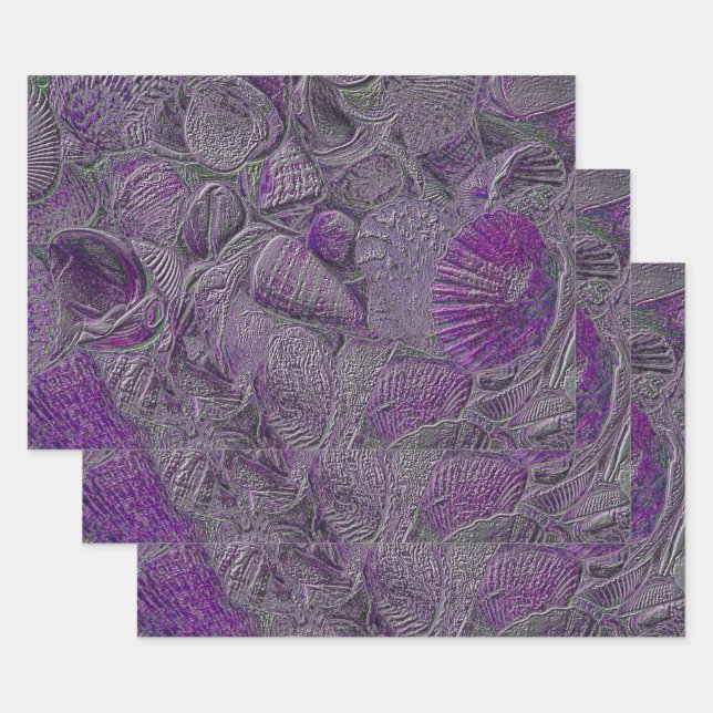 Sea Shells Ocean Beach Purple Grey Metallic Wrapping Paper Sheet (Set)