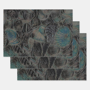 Sea Shells Ocean Beach Teal Black Art Decoupage Wrapping Paper Sheet