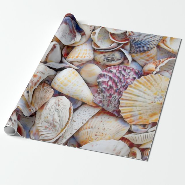 Sea Shells Ocean Beach Watercolor Decoupage Wrapping Paper (Unrolled)