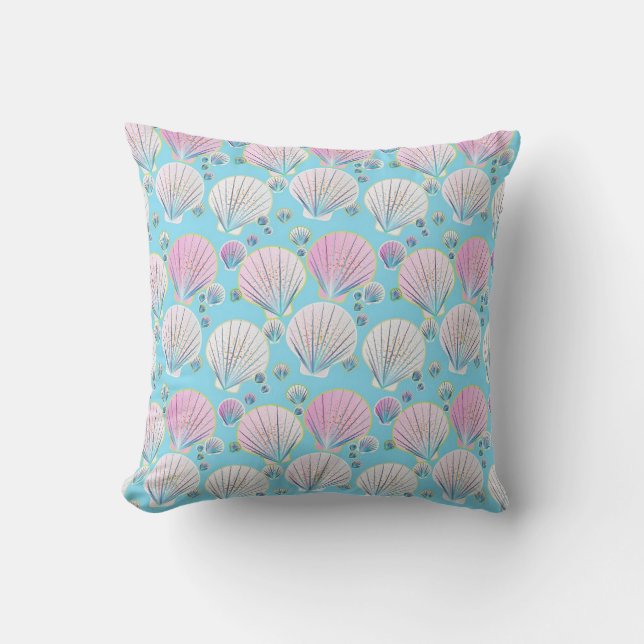 Sea shells on a turquoise blue background cushion (Front)