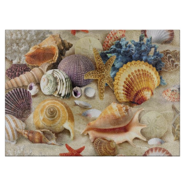 Sea shells on beach cutting board (Front)