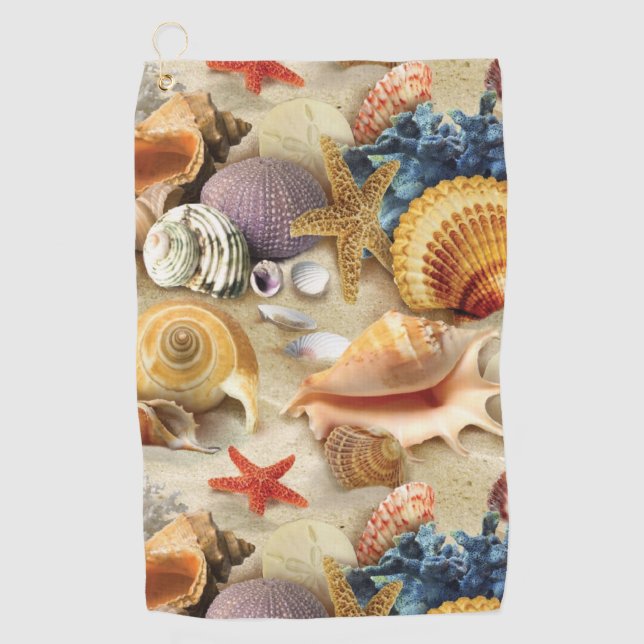 Sea shells on beach golf towel (Front)
