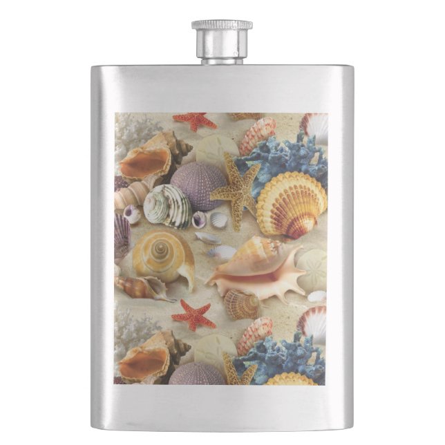 Sea shells on beach hip flask (Front)