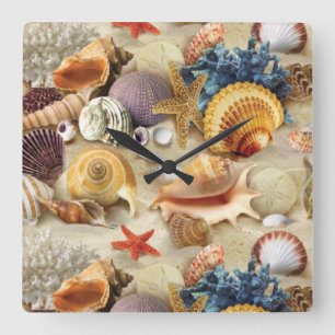 Sea shells on beach square wall clock
