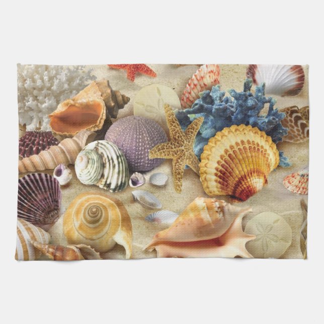 Sea shells on beach tea towel (Horizontal)