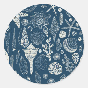Sea shells on  dark blue classic round sticker