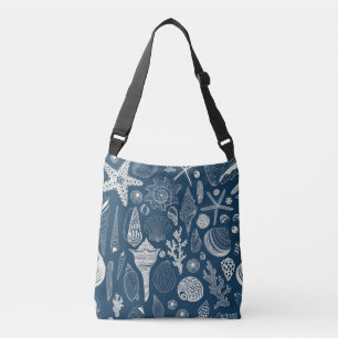 Sea shells on dark blue crossbody bag