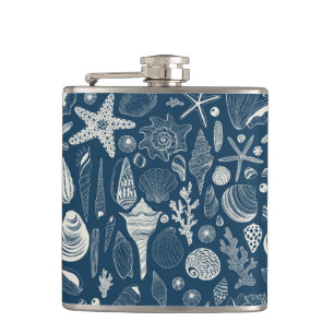 Sea shells on dark blue hip flask