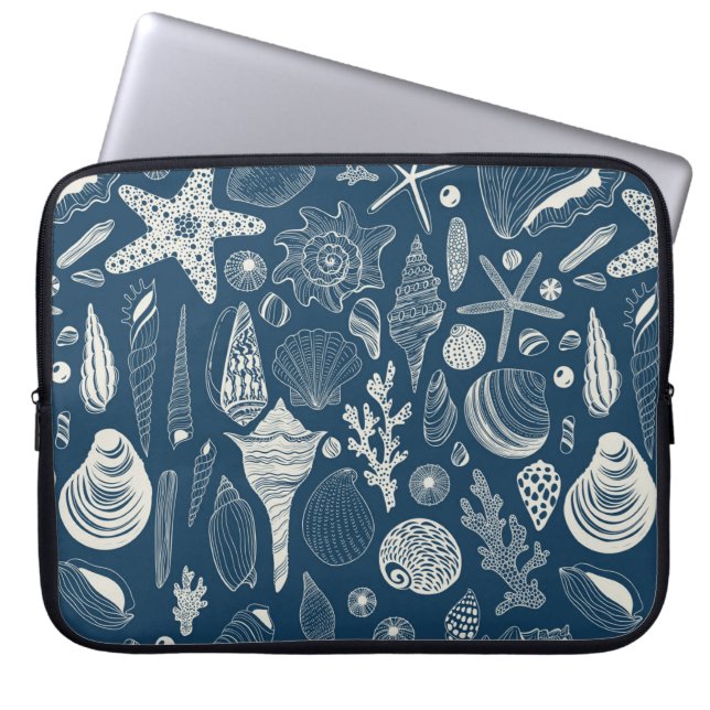Sea shells on  dark blue laptop sleeve (Front)