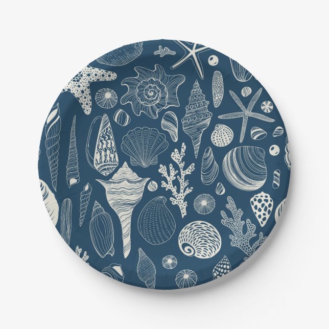 Sea shells on  dark blue paper plate (Front)