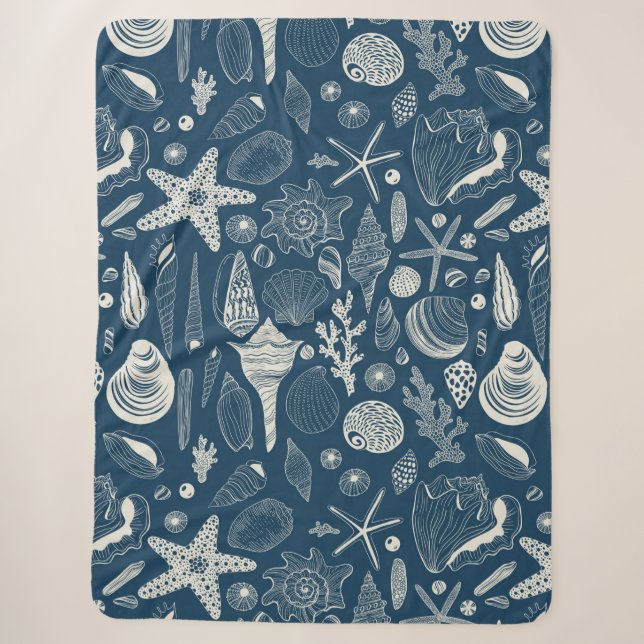 Sea shells on  dark blue sherpa blanket (Front)