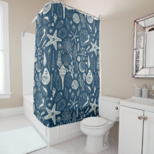 Sea shells on dark blue shower curtain