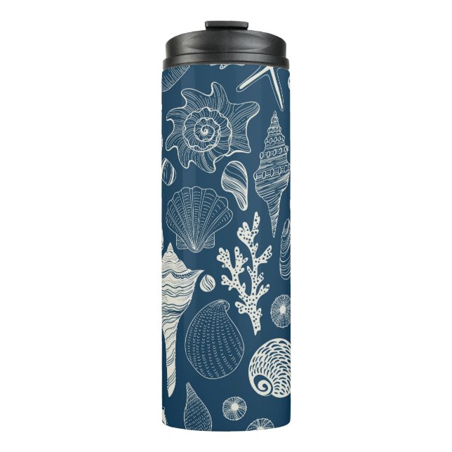 Sea shells on  dark blue thermal tumbler (Front)