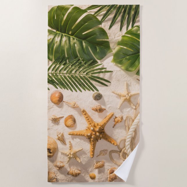 Sea shells on sand  Beach Towel (Front)