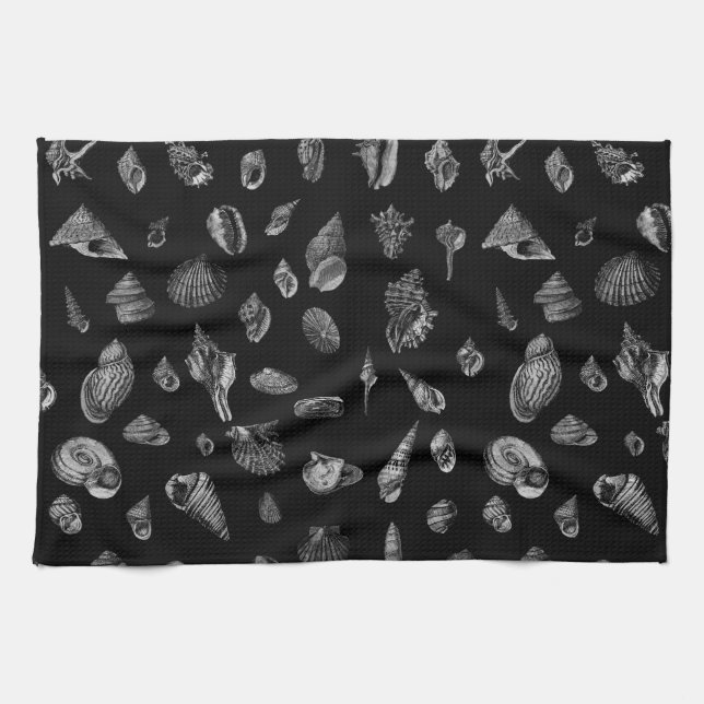 Sea shells pattern silver on black tea towel (Horizontal)