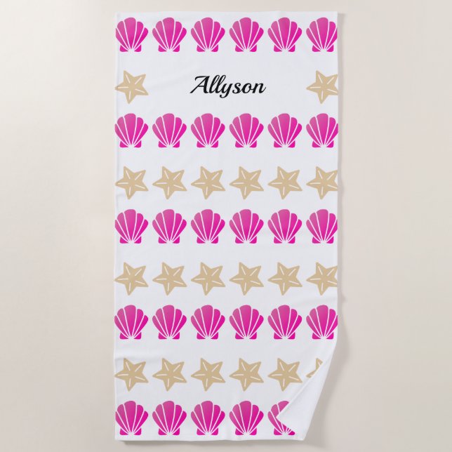 Sea Shells & Starfish, Black Script Name Beach Towel (Front)