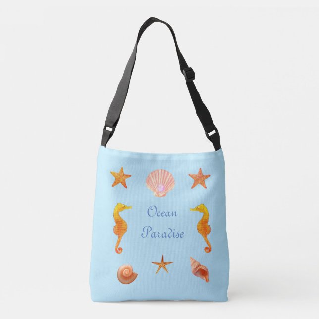 Sea shells, stars calligraphy & seahorses on blue crossbody bag (Back)