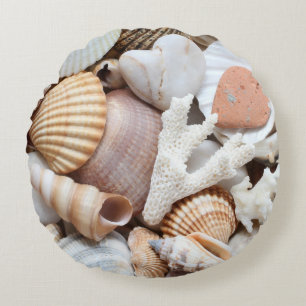 Sea Shells Stones Coral Background Round Cushion