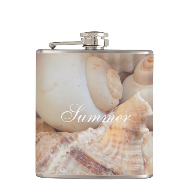 Sea Shells, Summer Beach Exotic Tropical Romantic Hip Flask (Front)