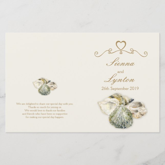 Sea shells watercolor art wedding programme (Front)