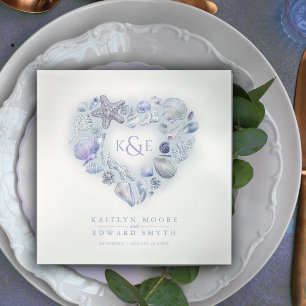 Sea shells watercolor heart beach blue napkin