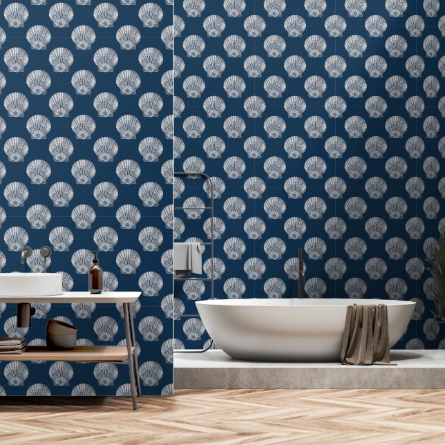 Sea Shells White on Dark Blue Beach Wallpaper (Bathroom)