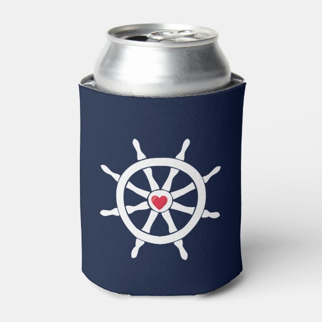 Sea Ship Helm Navy Blue White Red Heart Sailing Can Cooler (Can Front)