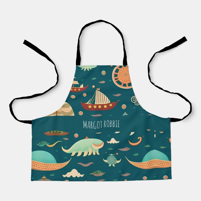 Sea Ships and Whales Retro Pattern Apron (Front)