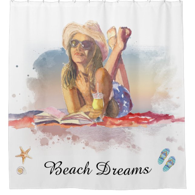 *~* Sea Shore Beach Young Girl Sun bathe AR29 Shower Curtain (Front)