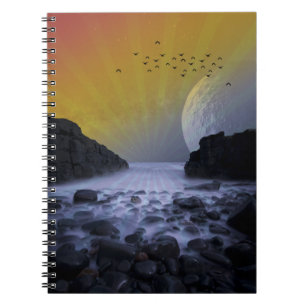 SEA SHORE ROCK COAST VINTAGE MOON SUNSET NATURE  NOTEBOOK