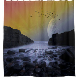SEA SHORE ROCK COAST VINTAGE MOON SUNSET NATURE SHOWER CURTAIN