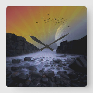 SEA SHORE ROCK COAST VINTAGE MOON SUNSET NATURE SQUARE WALL CLOCK