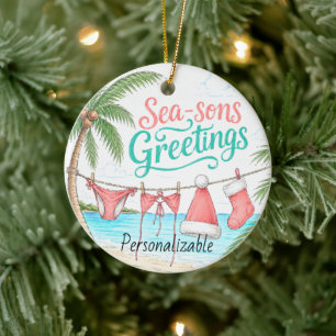 Sea-Sons Greetings Tropical Christmas Ceramic Ornament