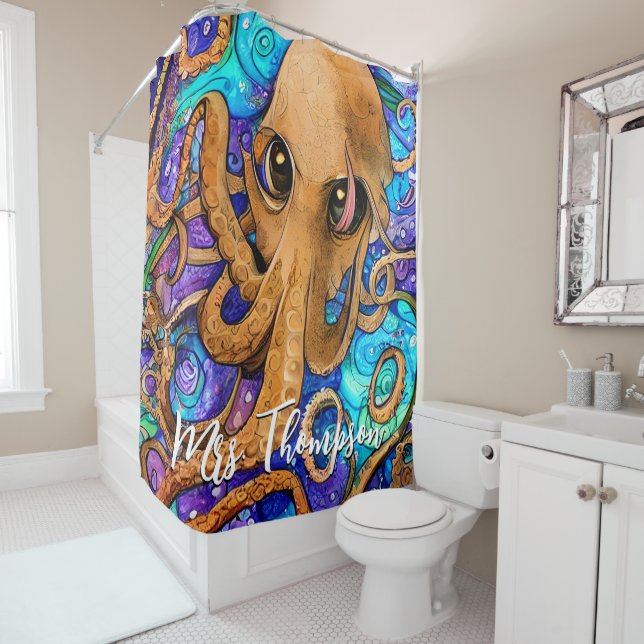 Sea Squid with Personalised Name Shower Curtain (In Situ)