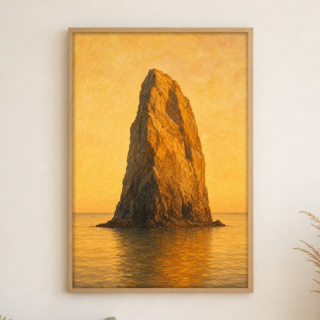 Sea Stack at Golden Hour Watercolour Poster (Shown framed for scale. Poster ships unframed; frames are an optional add-on.)