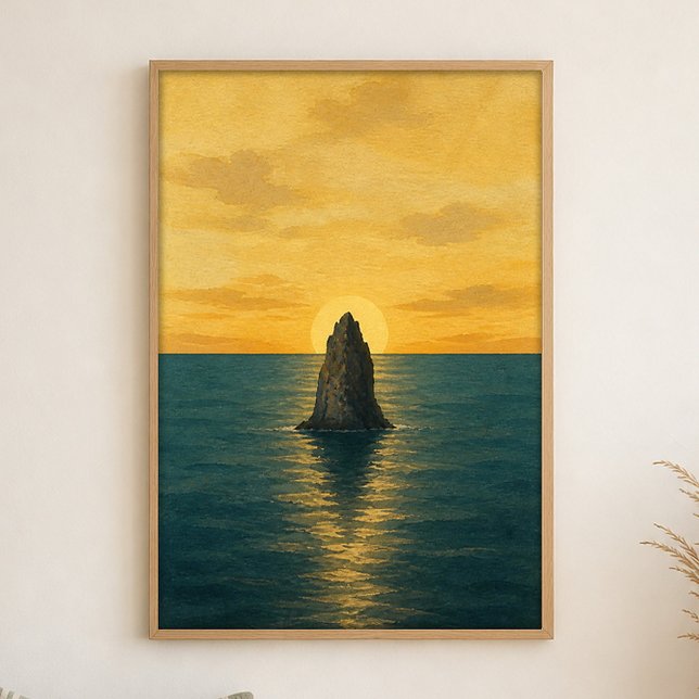Sea Stack Sunrise Watercolour Coastal Art Poster (Shown framed for scale. Poster ships unframed; frames are an optional add-on.)