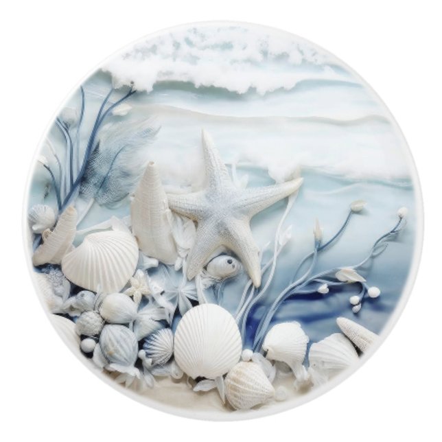 Sea Star And Shell 3D Coastal Ceramic Knob (Front)