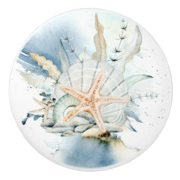 Sea Star And Shell Watercolor Coastal Ceramic Knob