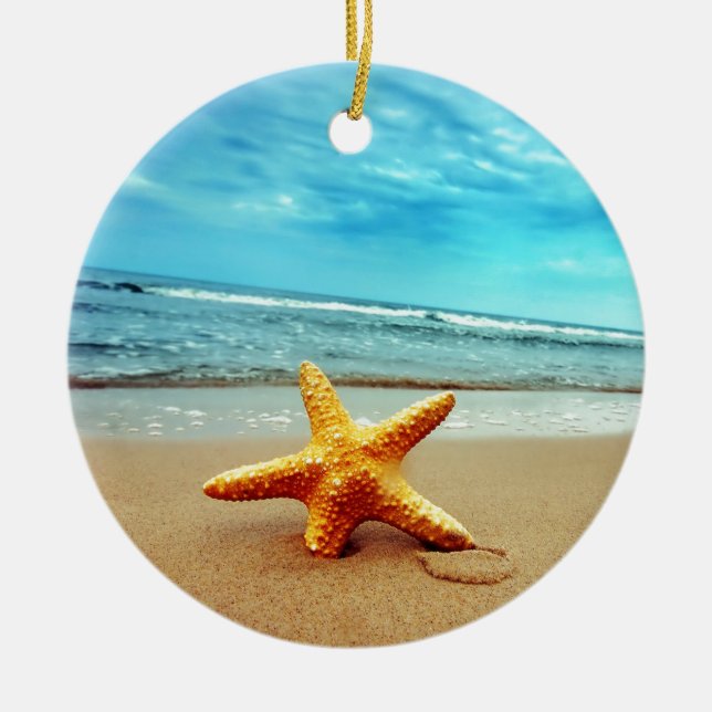 Sea Star On The Beach, Blue Sky, Ocean Ceramic Tree Decoration (Front)