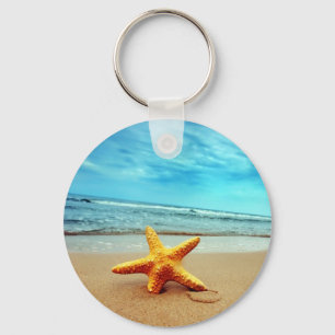 Sea Star On The Beach, Blue Sky, Ocean Key Ring